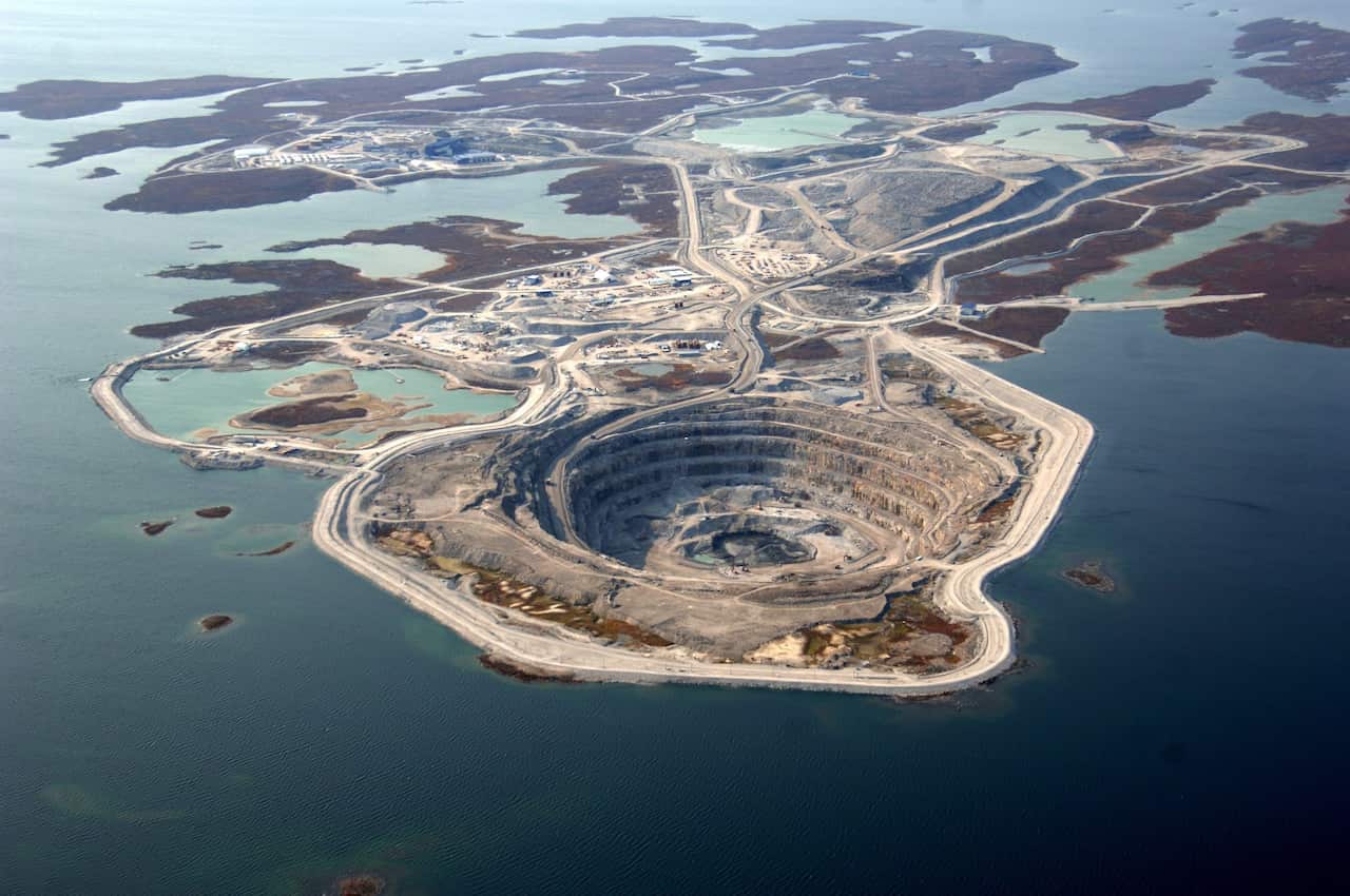 A handout aerial view made available by Rio Tinto, dated 22 August 2008, of the Diavik diamond mine of global mining giant Rio Tinto in Canada. 
