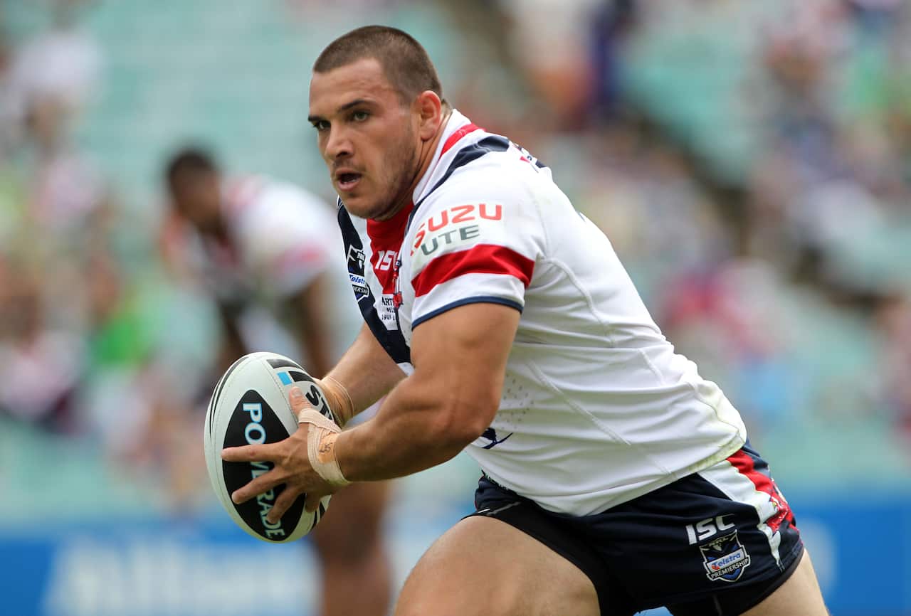 Justin Carney in action for the Roosters during the NRL round 3, Sydney Roosters v Canberra Raiders at Allianz Stadium in Sydney, Sunday, March 18, 2012. (AAP Image/Renee McKay, Action Photographics) NO ARCHIVING, EDITORIAL USE ONLY