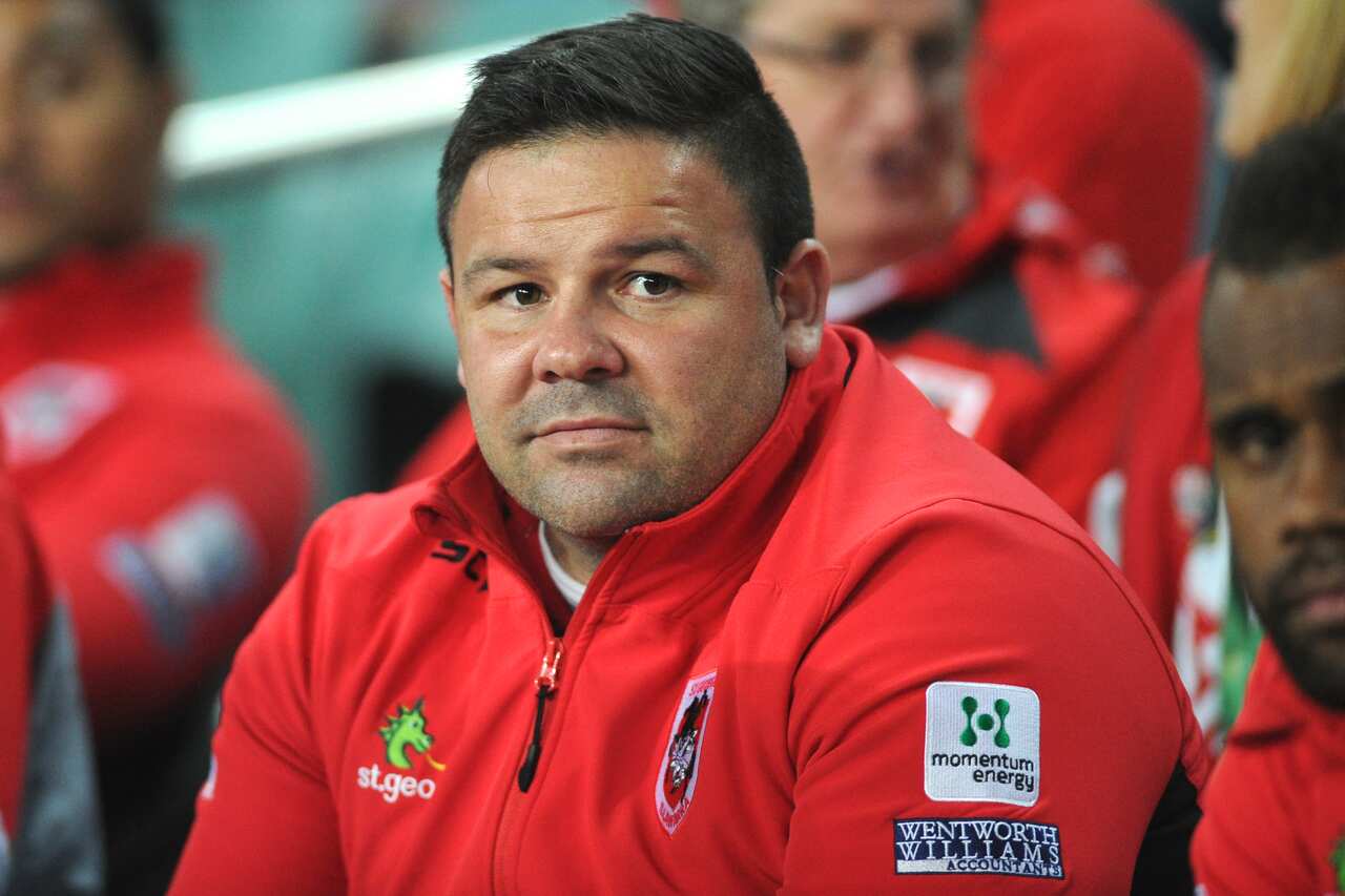 Dragons' George Rose on the bench during the Round 8 Anzac Day NRL match between the Sydney Roosters and the St. George-Illawarra Dragons at Allianz Stadium, Sydney, April, 25, 2015. (AAP Image/Joel Carrett) NO ARCHIVING, EDITORIAL USE ONLY
