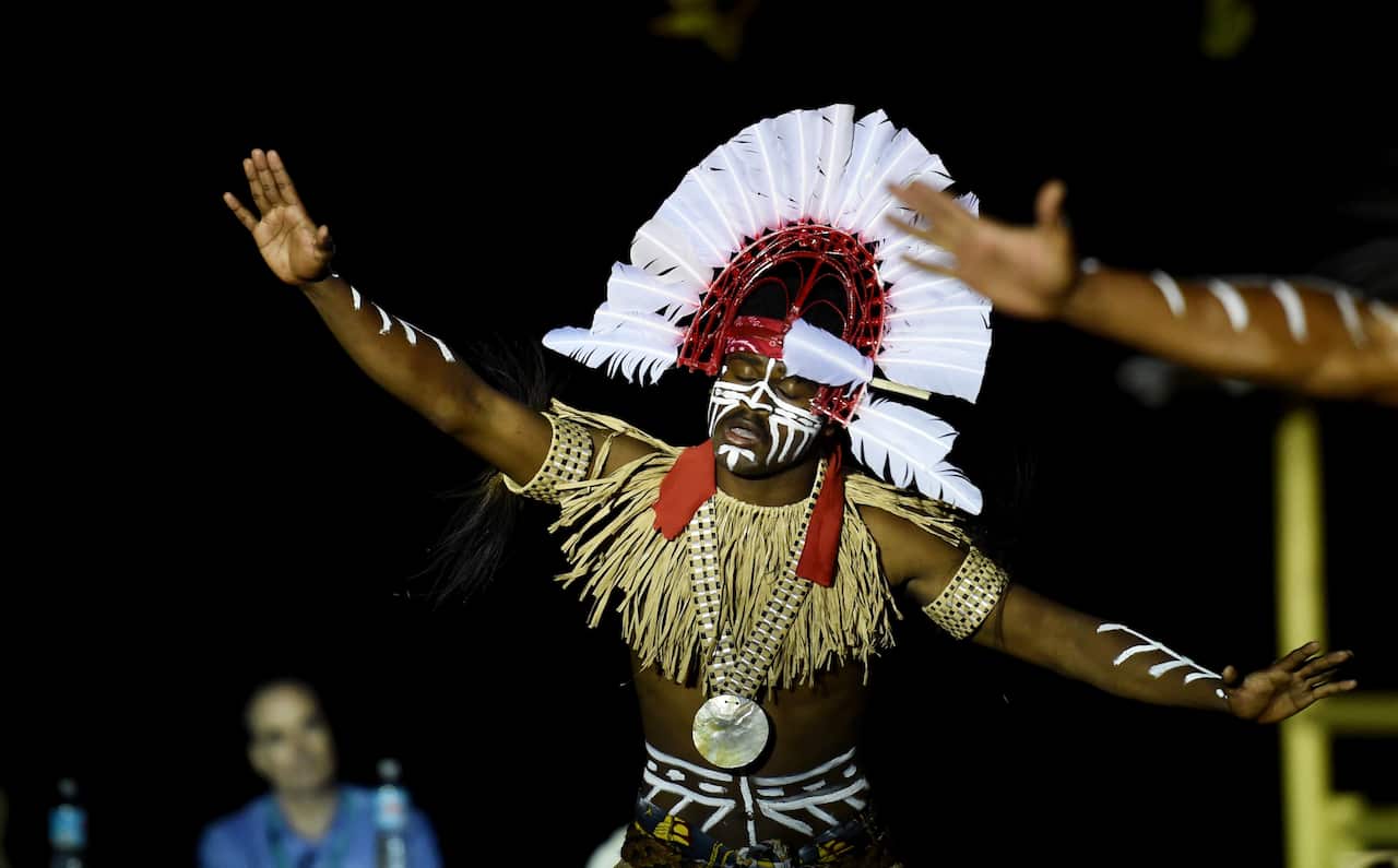 The Bamaga Dance Group welcome to country for Prime Minister Tony Abbott on the Injinoo Foreshore, Bamaga in the Northern Peninsula area.