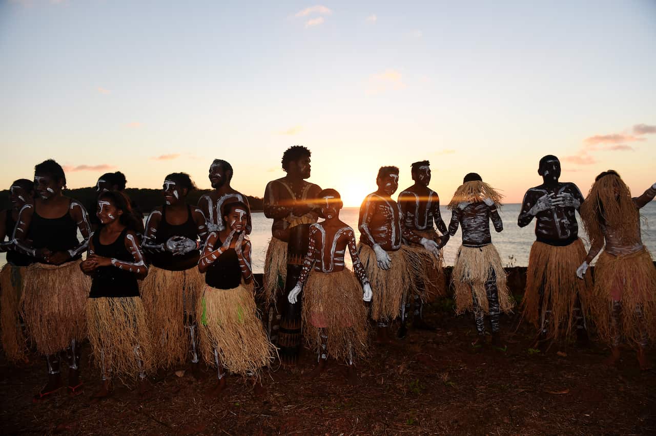 The Injinoo Dance Group rehearse before performing a welcome to country ceremony for Australian Prime Minister Tony Abbott on the Injinoo Foreshore, Bamaga in the Northern Peninsula area, Tuesday, Aug. 25, 2015.