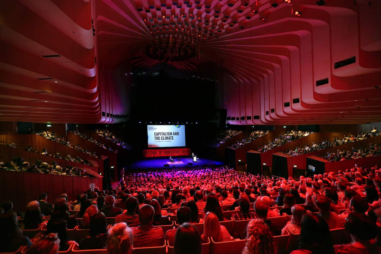 A supplied image obtained Saturday, September 5, 2015, of Capitalism and Climate audiences at the Sydney Opera House as part of the Festival of Dangerous Ideas. (AAP Image/Prudence Upton)