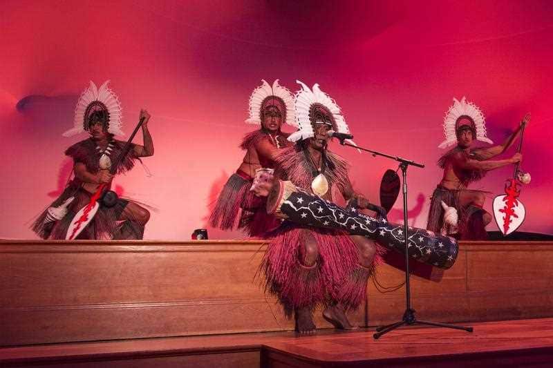 Torres Strait Island dancers performing as part of artwork alongside installations by artists Ken Thaiday & Alick Tipoti at the Oceanographic Musueum of Monaco