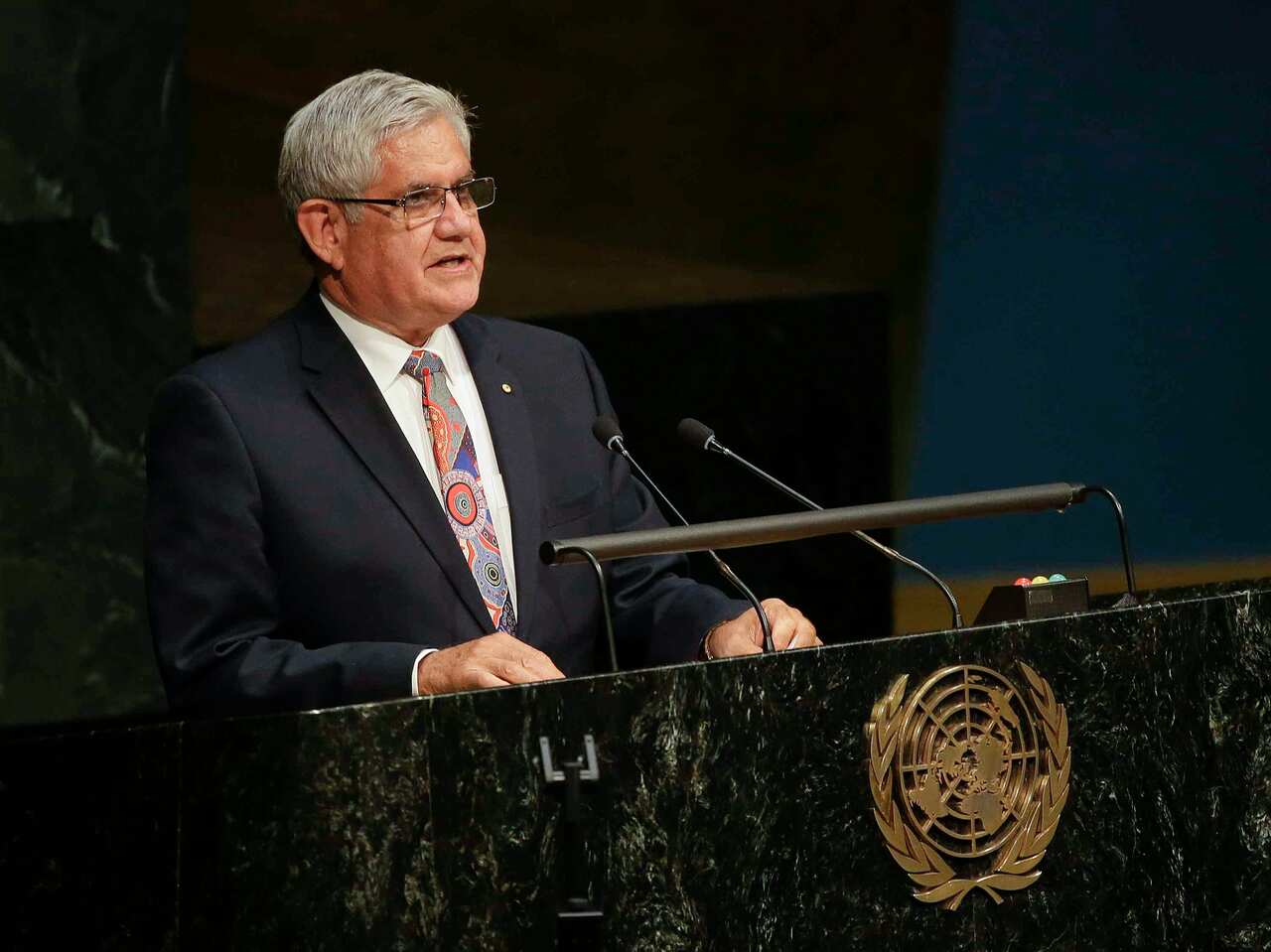 Australia's Assistant Minister for Health and Aged Care Ken Wyatt addresses the United Nations special session on global drug policy Wednesday, April 20, 2016, at the U.N. headquarters. (AP Photo/Frank Franklin II)