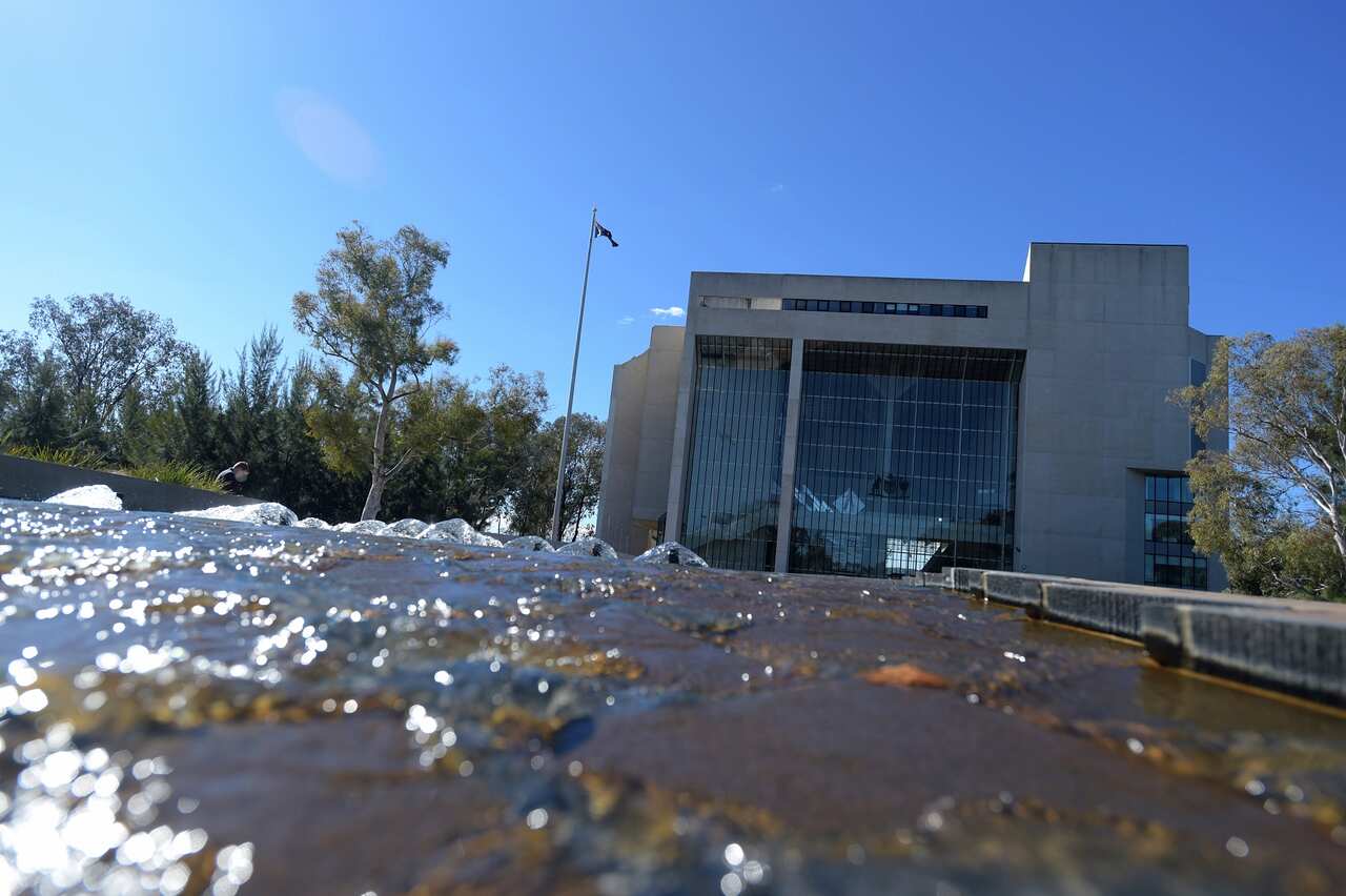 The High Court of Australia is seen in Canberra, Monday, May 2, 2016. High Court judges are hearing crossbench Senator Bob Day's challenge of the new Senate voting rules.  (AAP Image/Lukas Coch) NO ARCHIVING