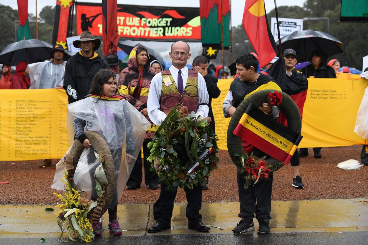 Aboriginal War Veterans participate in the ANZAC Day march at the Australian War Memorial in Canberra.