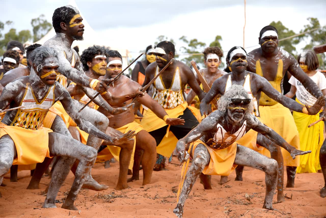 Gumatj clan dancers perform in a Bunggul at Garma Festival in 2017.