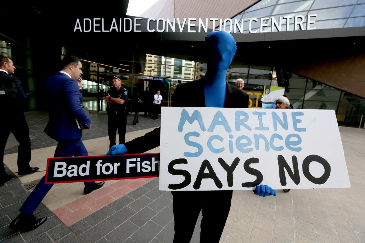 Community groups protest at Australian Petroleum Production & Exploration Association conference to say no to oil exploration in Great Australian Bight in  Adelaide, Tuesday, May 15, 2018