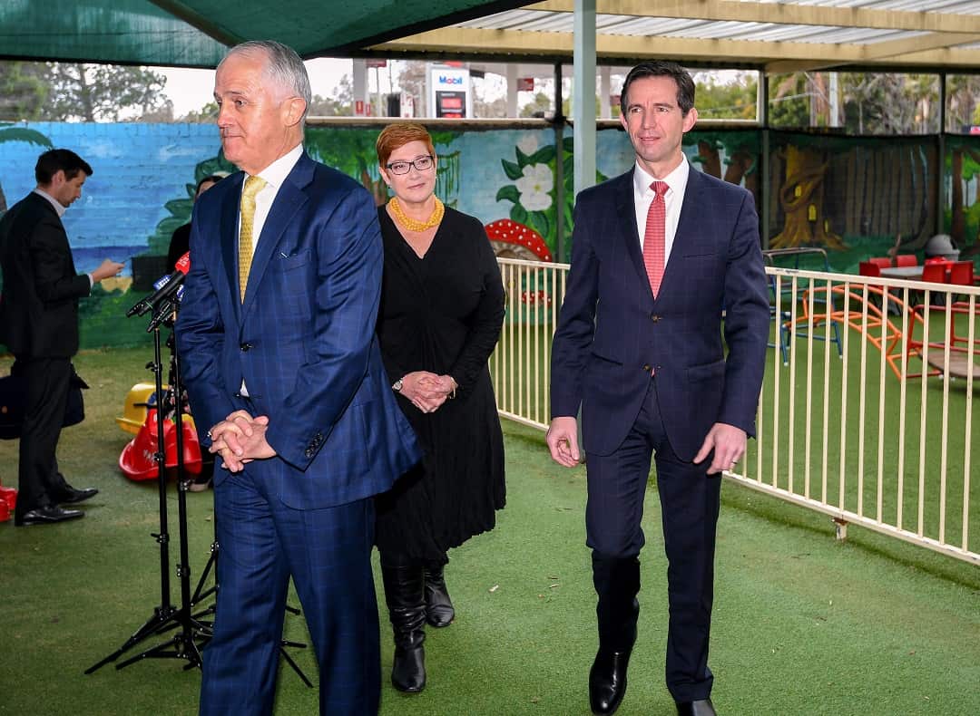 Minister for Education Simon Birmingham and Prime Minister Malcolm Turnbull announcing the new Child Care package. 