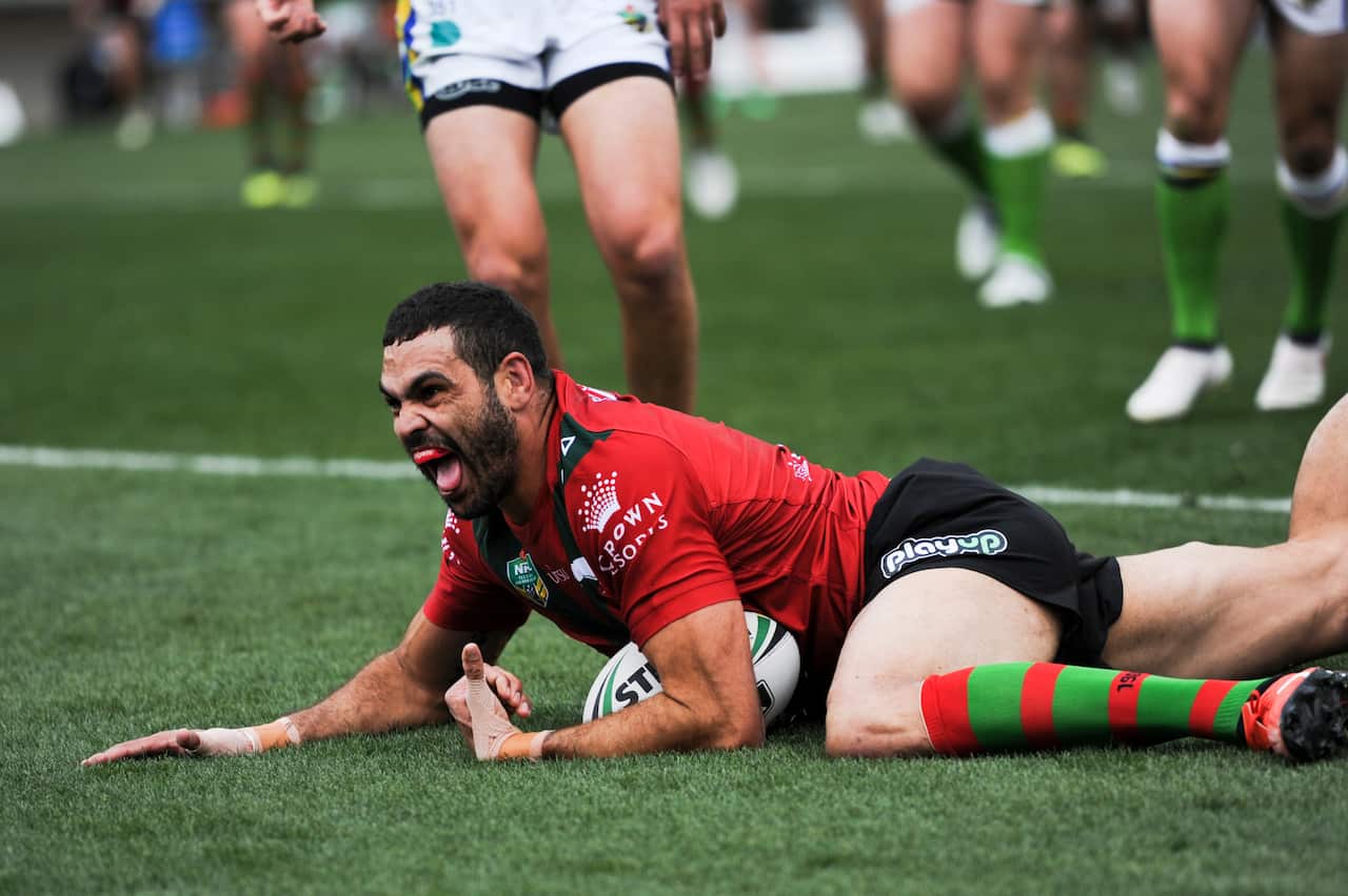 Greg Inglis of the Rabbitohs scores a try during the Round 24 NRL match between the Canberra Raiders and the South Sydney Rabbitohs at GIO Stadium in Canberra, Saturday, August 25, 2018. (AAP Image/Rohan Thomson) NO ARCHIVING, EDITORIAL USE ONLY