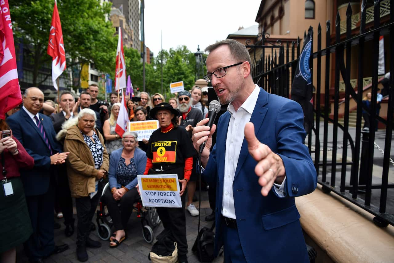 NSW Greens MP David Shoebridge speaks at the Stop Forced Adoptions: Reject the Child Protection Bill Protest outside Parliament House in Sydney, Wednesday, November 14, 2018. (AAP Image/Joel Carrett) NO ARCHIVING