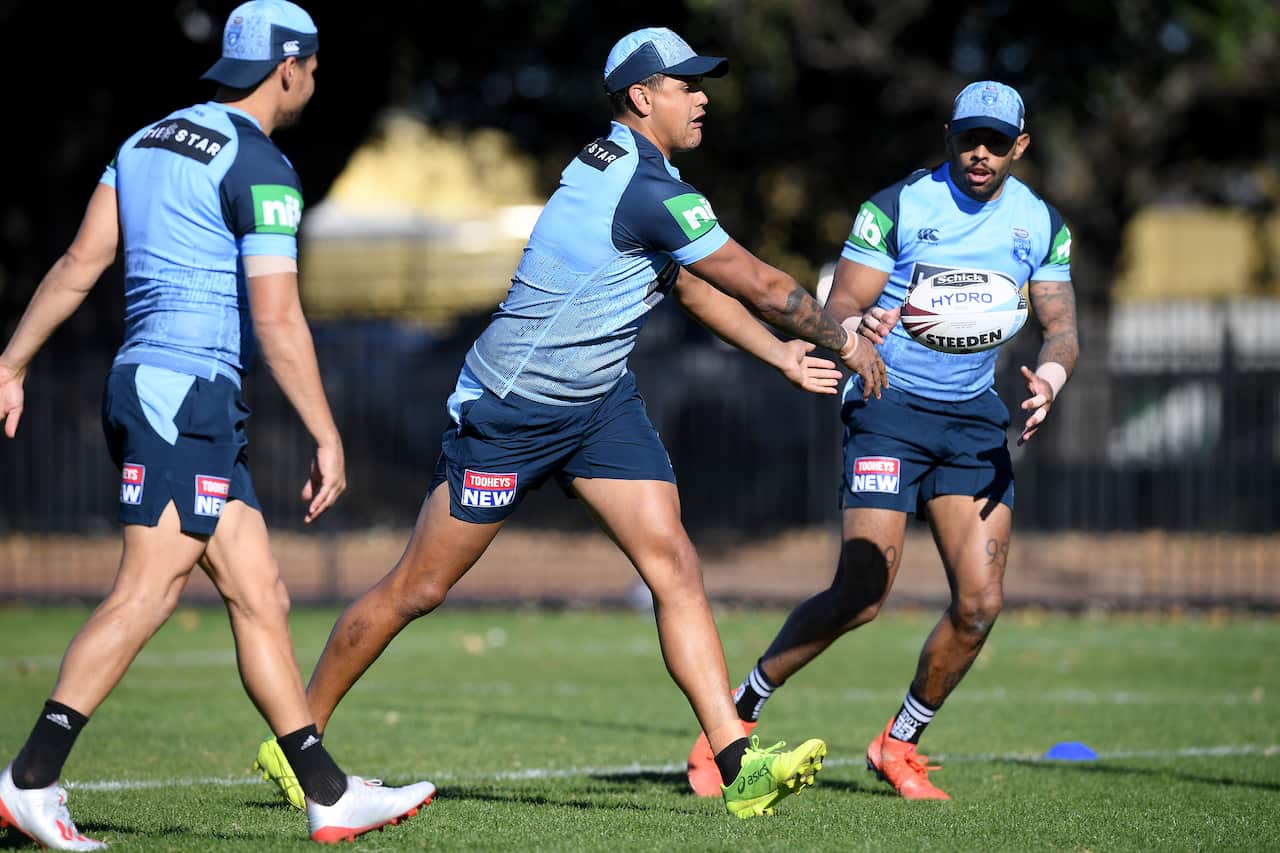 NSW Blues players Cody Walker (left) Latrell Mitchell and Josh Addo-Carr take part in a team training session at Moore Park in Sydney, Friday, May 31, 2019. (AAP Image/Dan Himbrechts) NO ARCHIVING, EDITORIAL USE ONLY