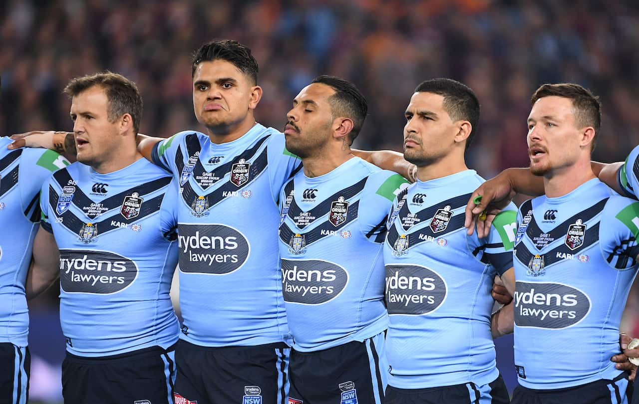  Latrell Mitchell, Josh Addo-Carr Cody Walker during the Australian National Anthem prior to Game 1 of the 2019 State of Origin series. (AAP Image/Dave Hunt)