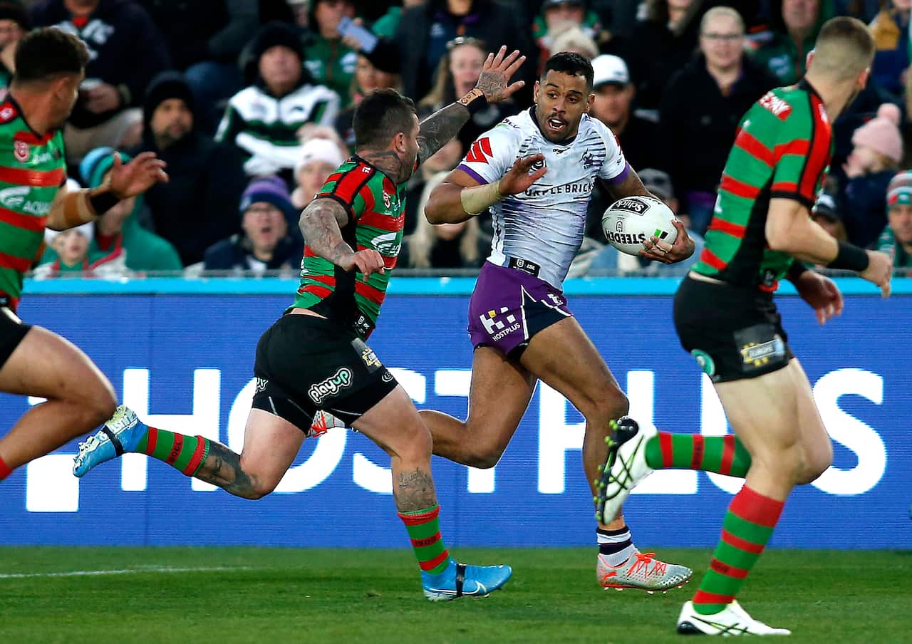 Josh Addo-Carr makes a break against the Rabbitohs.