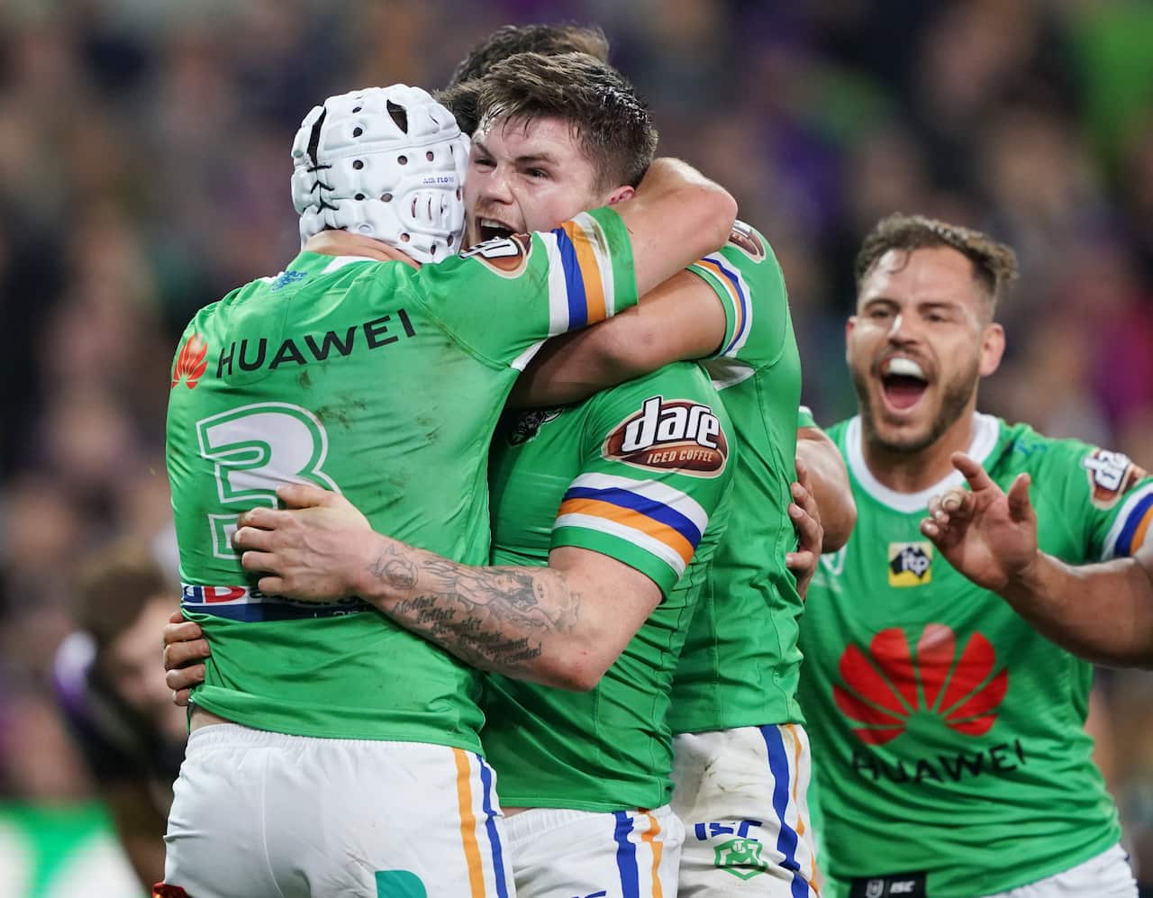 John Bateman of the Raiders celebrates a try during the NRL Second Qualifying match between the Melbourne Storm and the Canberra Raiders at AAMI Park in Melbourne, Saturday, September 14, 2019. (AAP Image/Michael Dodge) 