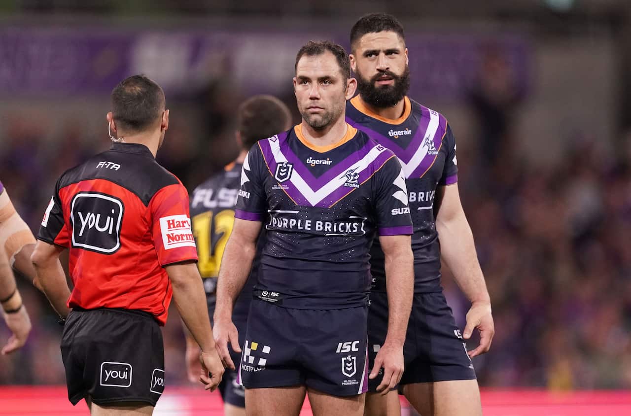 Cameron Smith of the Melbourne Storm during the NRL Second Qualifying Final match against the Canberra Raiders. (AAP Image/Scott Barbour) 
