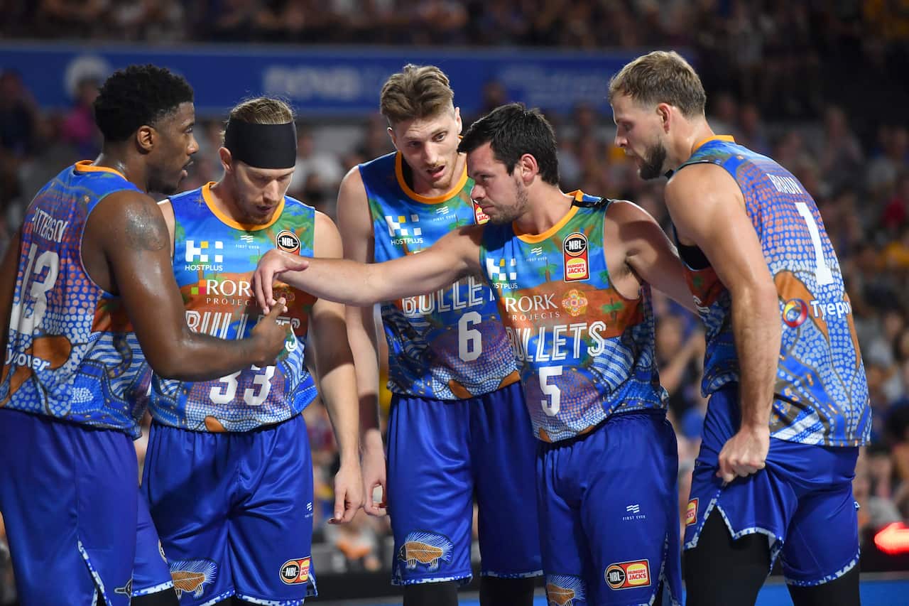 (Left to right) Lamar Patterson, EJ Singler, Matthew Hodgson, Jason Cadee and Taylor Braun of the Bullets.