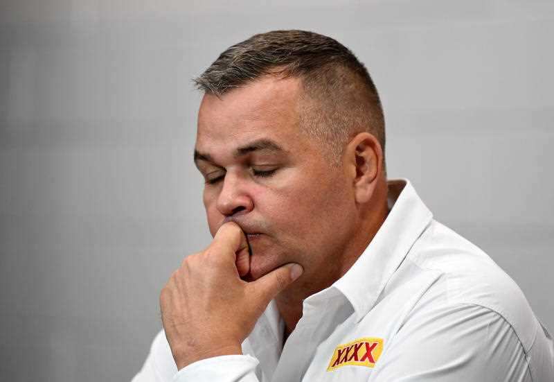 Broncos coach Anthony Seibold reacts during a post match press conference.