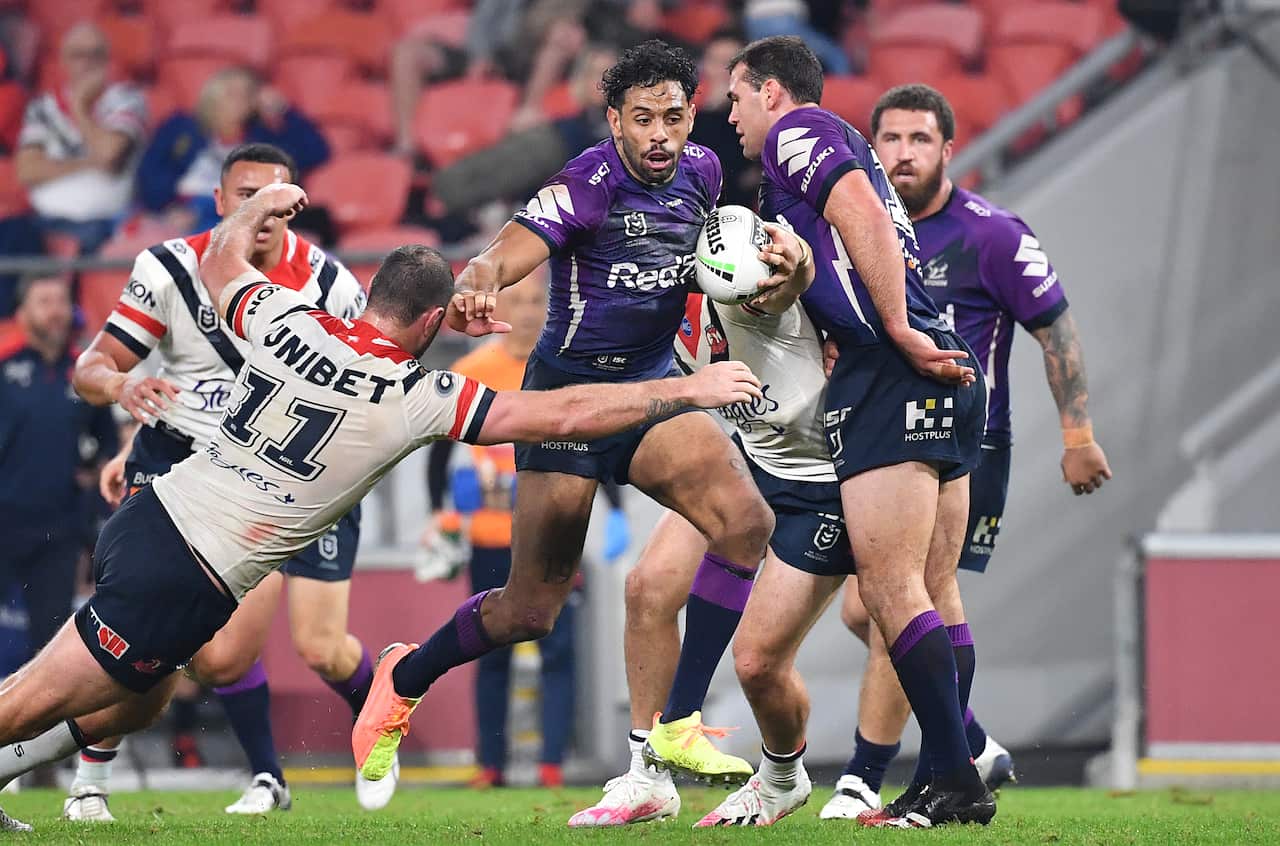 Josh Addo-Carr of the Storm  during the Round 8 NRL match between Melbourne Storm and the Sydney Roosters at Suncorp Stadium in Brisbane, Thursday, July 2, 2020. (AAP Image/Darren England) NO ARCHIVING, EDITORIAL USE ONLY