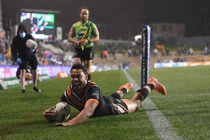David Nofoaluma of the Tigers scores a try during the Round 10 NRL match between Wests Tigers and Brisbane Broncos at Leichhardt Oval