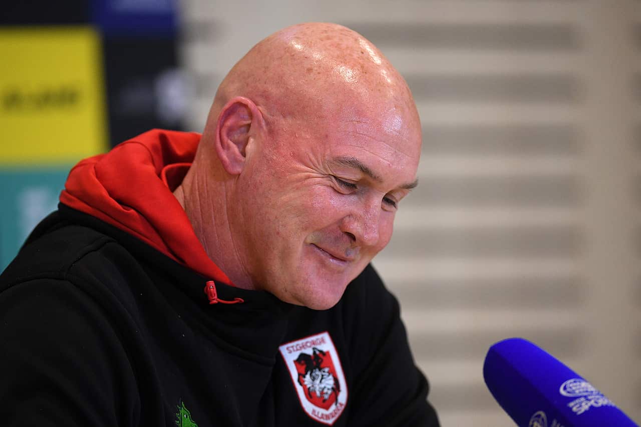 Dragons coach Paul McGregor speaks during a press conference following the Round 14 NRL match.