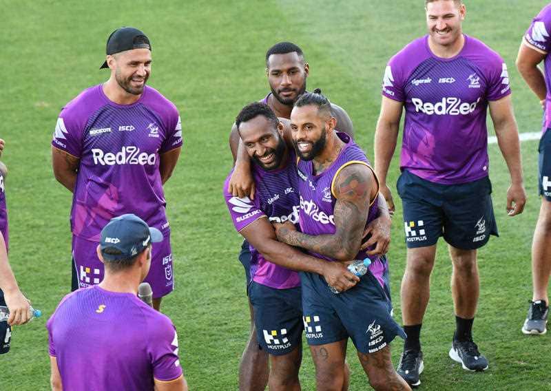 Justin Olam and Josh Addo-Carr of the Melbourne Storm