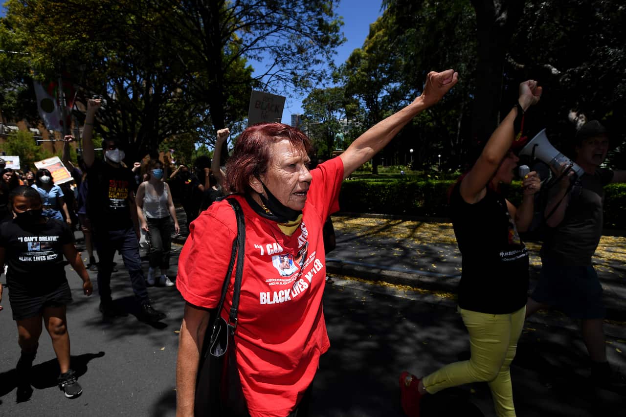 Leetona Dungay, mother of David Dungay Jr, marches during a Black Lives Matter rally in Sydney.