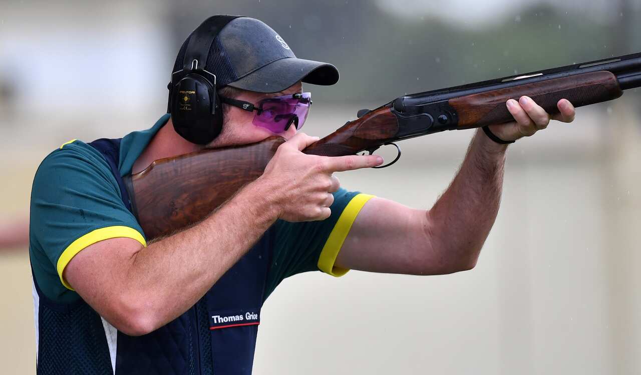 Olympic shooter Thomas Grice in action during an Australian Olympic Shooting Team media event at the Brisbane International Shooting Centre in Brisbane, Thursday, June 3, 2021. (AAP Image/Darren England) NO ARCHIVING