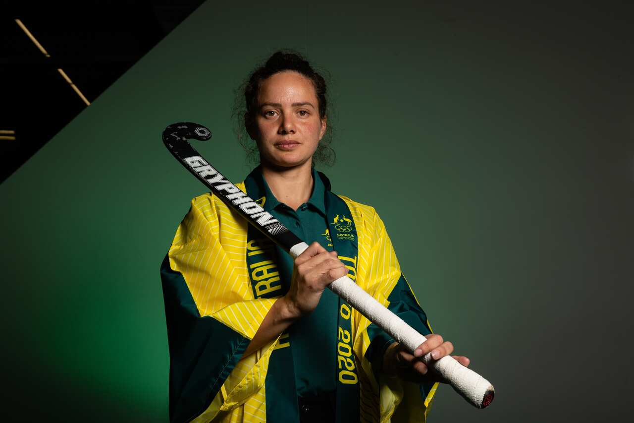Hockeyroos player Brooke Peris poses for a photograph during an announcement of the Tokyo 2020 Team in Hockey, at the Western Australian Institute of Sport (WAIS), in Perth, Monday, June 14, 2021. (AAP Image/Richard Wainwright) NO ARCHIVING