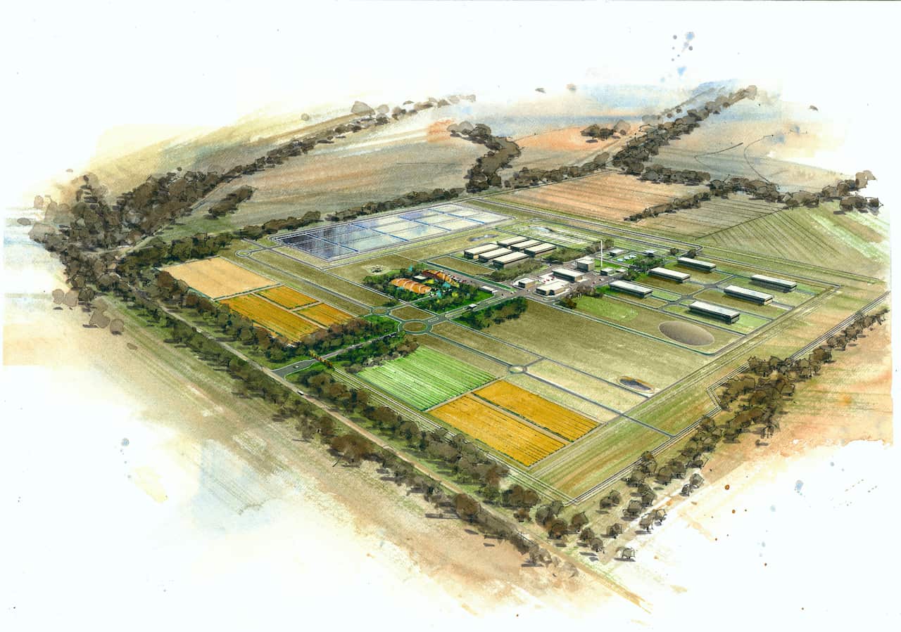 A supplied undated image obtained Thursday, December 23, 2021 shows an artist's impression of a proposed national radioactive waste storage facility at Napandee in South Australia. (AAP Image/Supplied) NO ARCHIVING, EDITORIAL USE ONLY