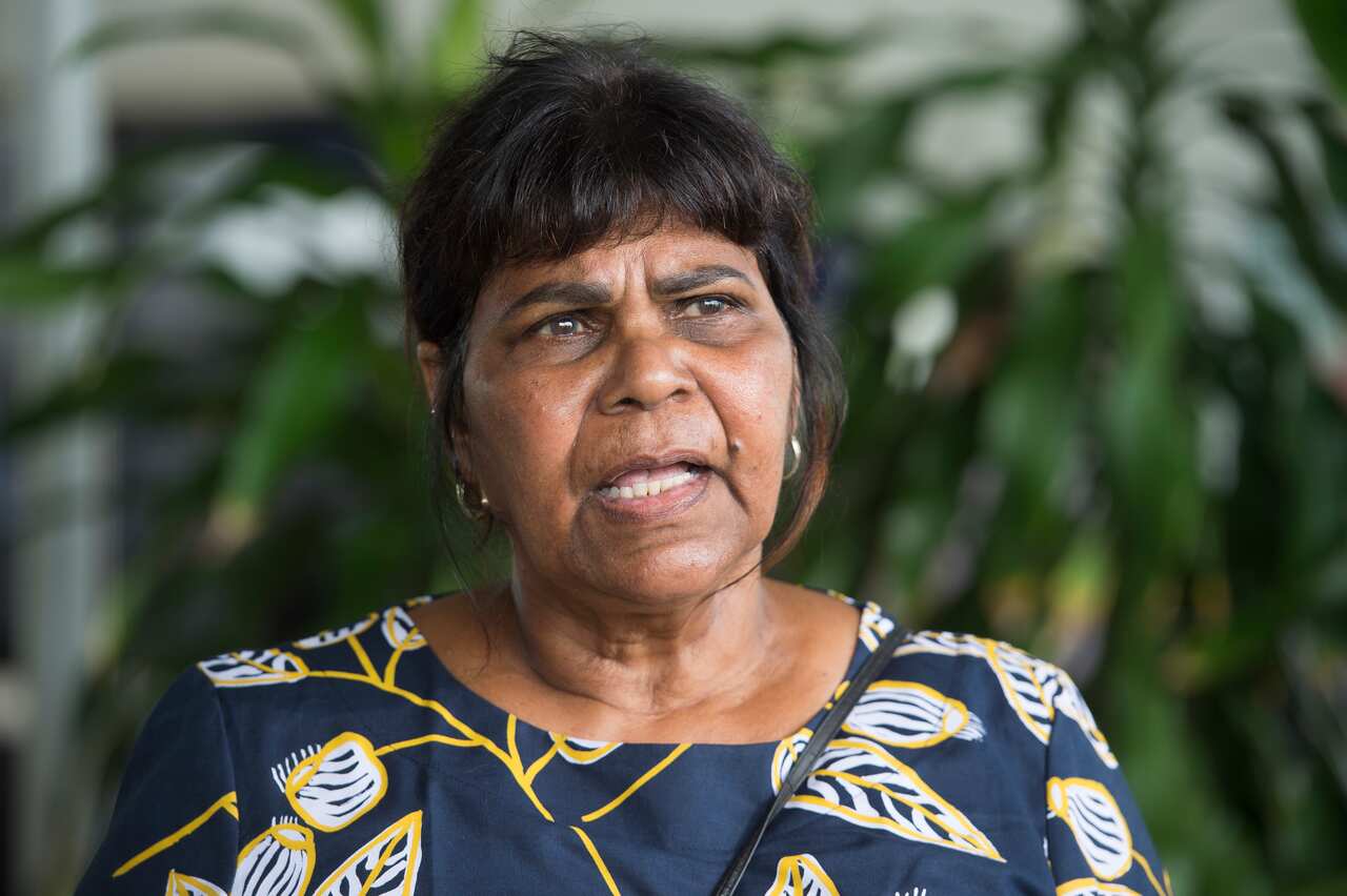 Labor candidate for Lingiari Marion Scrymgour speaks to media during a press confereence regarding cyclone shelters in Arnhem Land, in Darwin, Tuesday, March 15, 2022. (AAP Image/Aaron Bunch) NO ARCHIVING