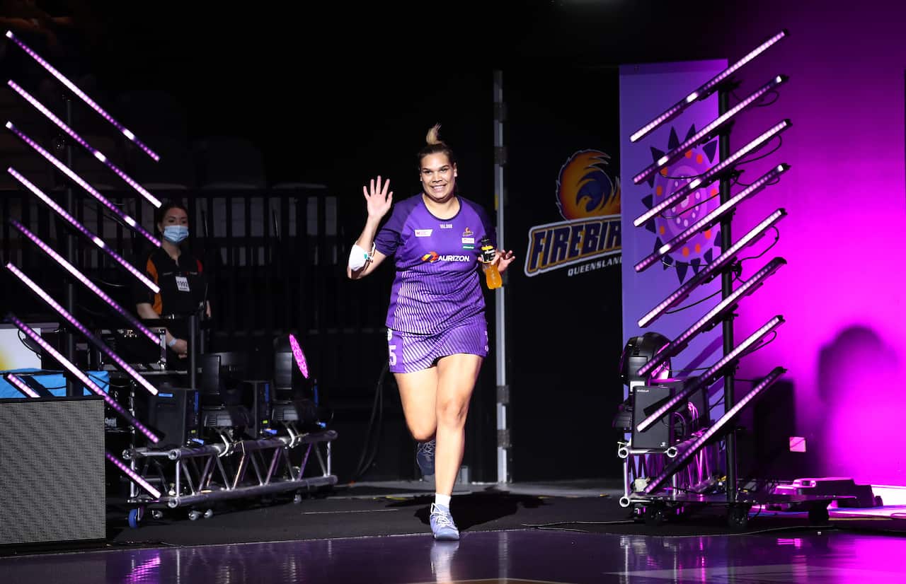 Donnell Wallam of the Firebirds enters the court during the Round 1 Super Netball match between the Queensland Firebirds and Melbourne Vixens at Nissan Arena, Brisbane, Sunday, March 27, 2022. (AAP Image/Jason O'Brien) NO ARCHIVING, EDITORIAL USE ONLY