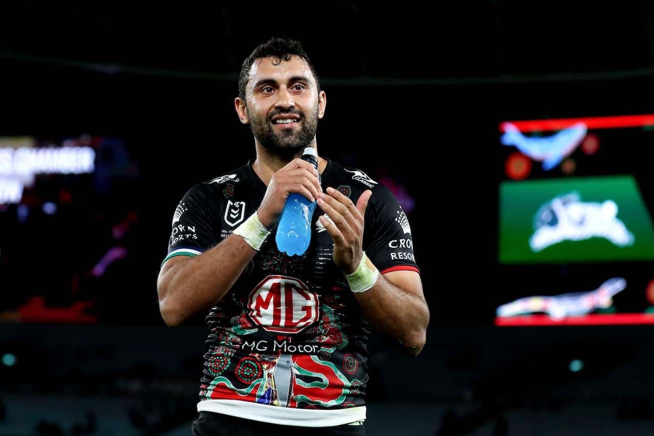 Alex Johnston of the Rabbitohs celebrates at full time during the NRL Round 12 match between the South Sydney Rabbitohs and the Wests Tigers at ACCOR Stadium in Sydney, Saturday, May 28, 2022. (AAP Image/Brendon Thorne) NO ARCHIVING, EDITORIAL USE ONLY