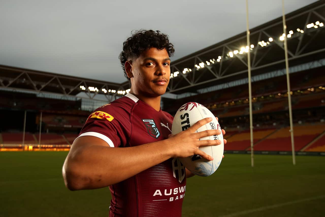 Selwyn Cobbo poses for a photo during a Queensland Maroons team announcement for Game I of the 2022 State of Origin series at Suncorp Stadium in Brisbane, Monday, May 30, 2022. (AAP Image/Jono Searle) NO ARCHIVING