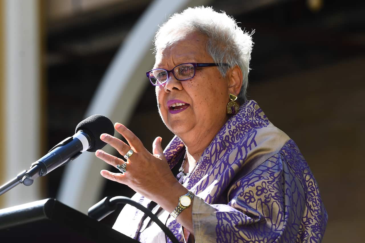 Dr Jackie Huggins speaks during the signing of an Indigenous Treaty commitment statement at Parliament House in Brisbane, Tuesday, August 16, 2022. (AAP Image/Jono Searle) NO ARCHIVING