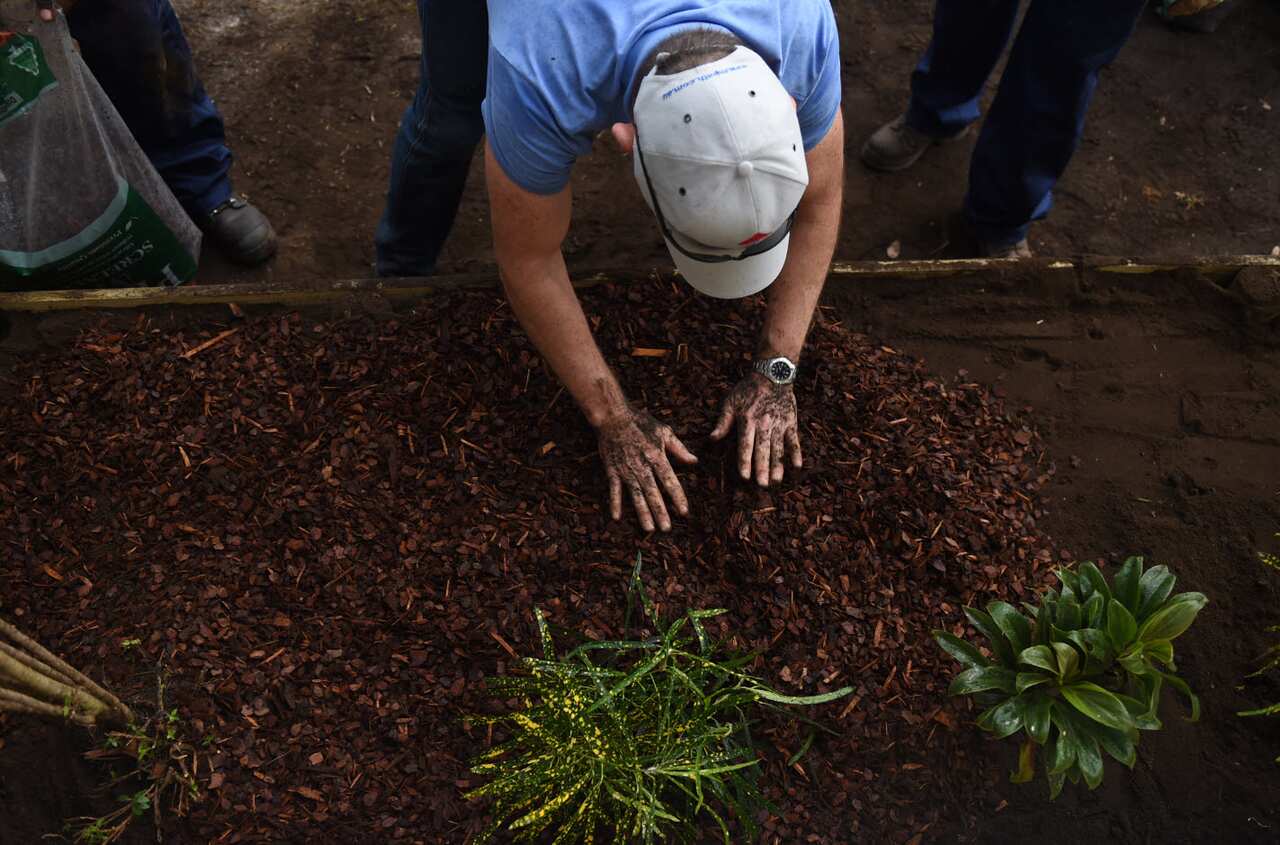 Prime Minister Tony Abbott gets his hands dirty gardening during a visit to a local employment initiative at the Injinoo Community Hall in Injinoo on the Northern Peninsula (AAP)