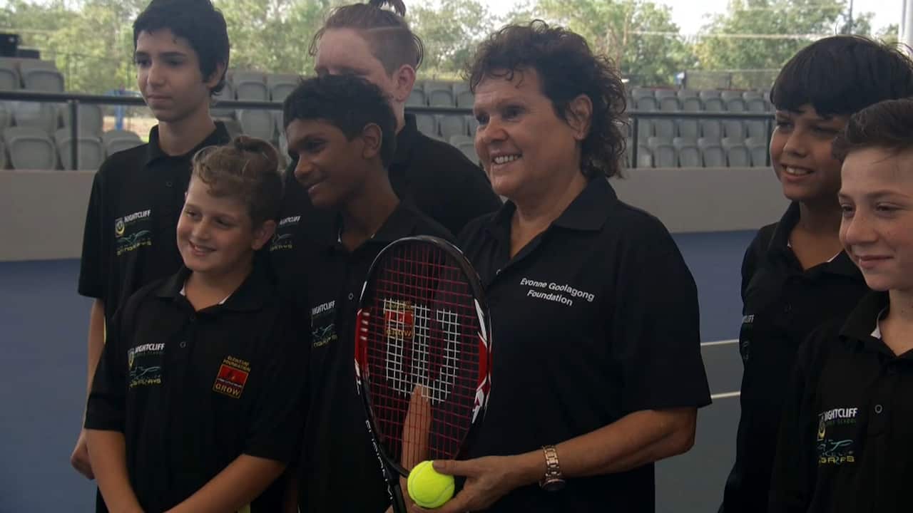 Evonne Goolagong Cawley with young tennis players launching the National Indigenous Tennis Carnival.