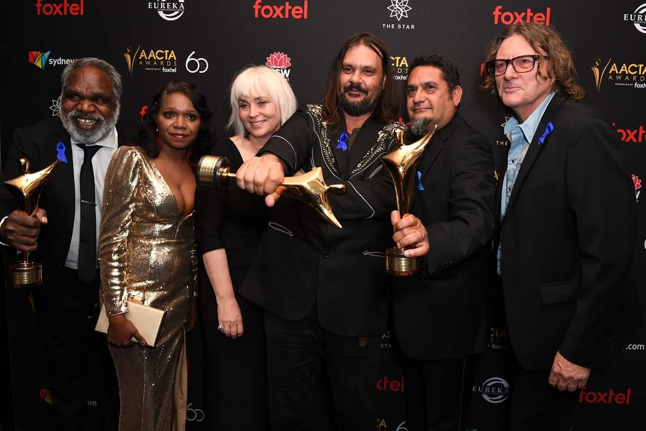 The cast of Sweet Country with director Warwick Thornton (fourth from left).