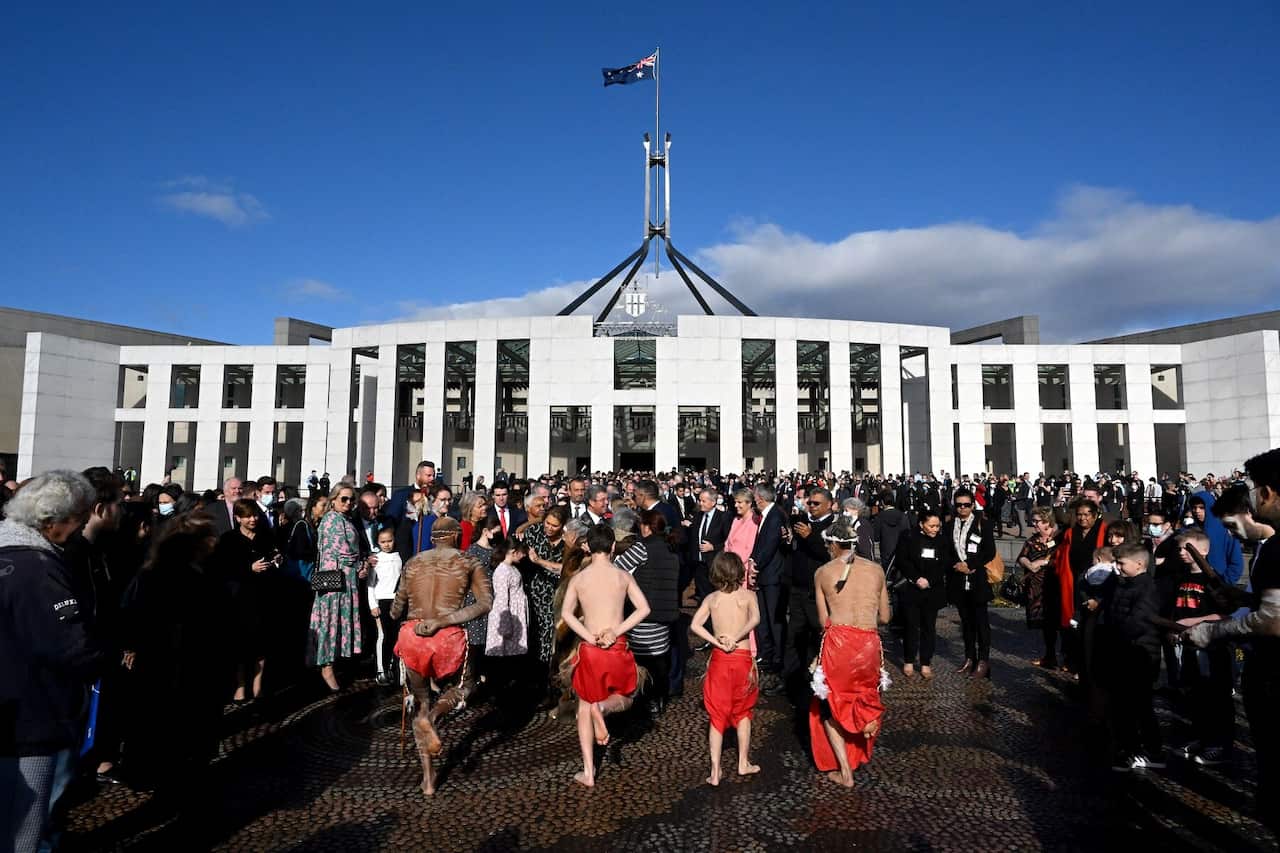 A smoking ceremony is held in the forecourt during the opening of the 47th Federal Parliament at Parliament House in Canberra, Tuesday, July 26, 2022. (AAP Image/Mick Tsikas) NO ARCHIVING