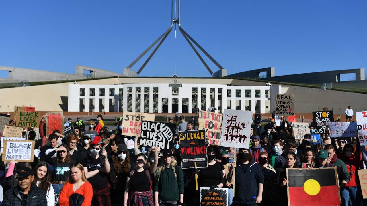'Black lives matter' protesters in front of Canberra Parliament