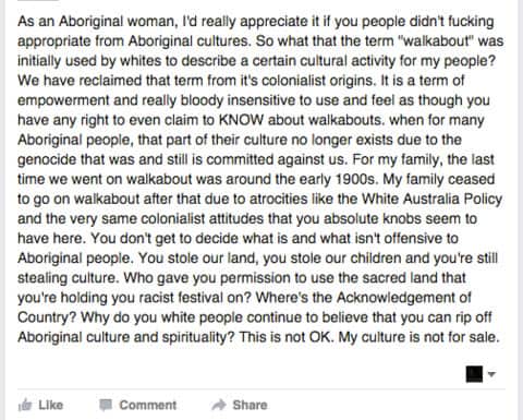 Tumblr user On Being A Blackfella writes to the Lets Go Walkaround party's Facebook event page.