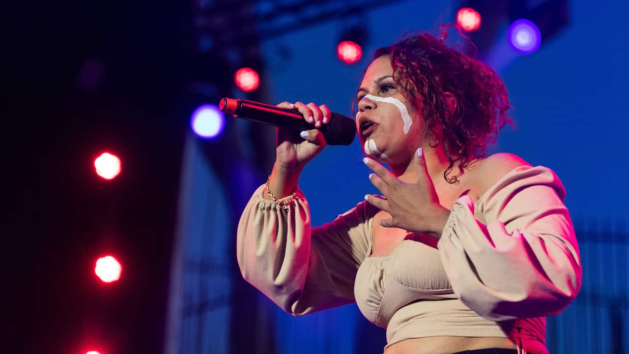 SYDNEY, AUSTRALIA - APRIL 10: Barkaa performs during Barrabuwari at Sydney Opera House on April 10, 2021 in Sydney, Australia. Photo by Sean Foster/Getty Images