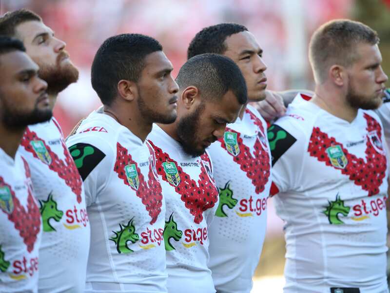 Dragons' players during an Anzac Day commemoration service