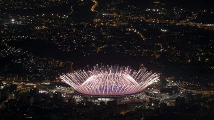 Fireworks explode over Maracana Stadium during the opening ceremony at the 2016 Summer Olympics in Rio de Janeiro