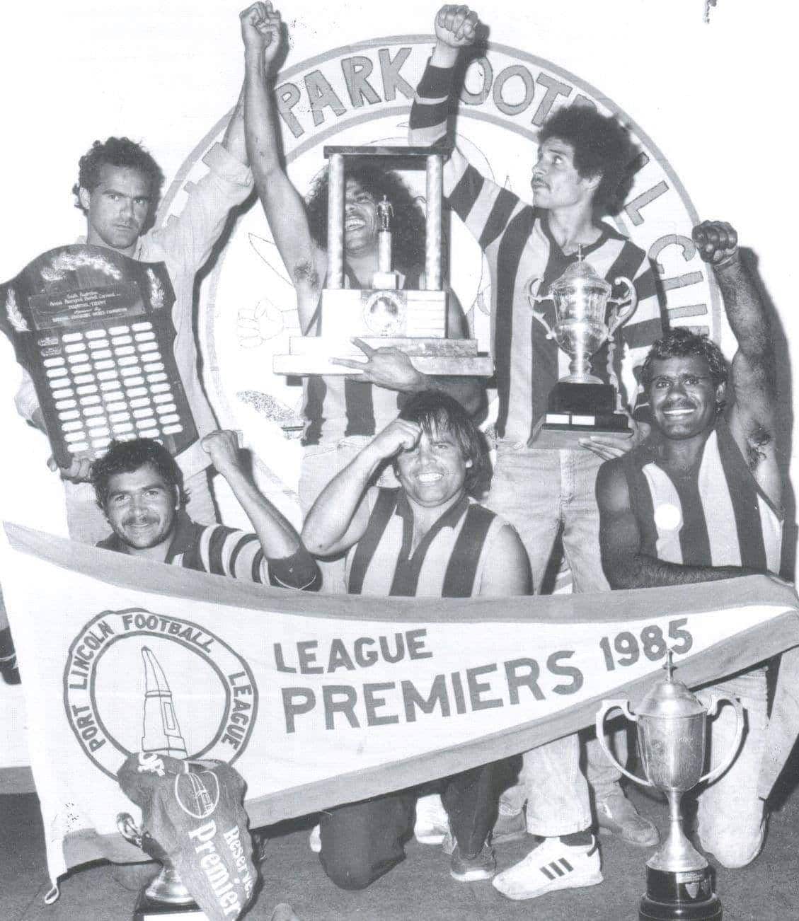 Left to right - Jack Johncock, Norm Pickett, Leonard Wells, Trevor Sambo, Howard Richards, Fabian Davey after winning Mallee Park's first  ever grand final. 