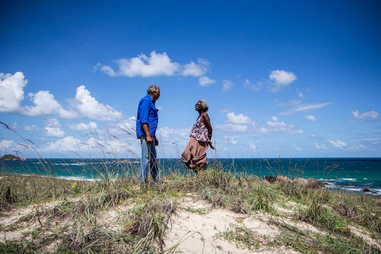 Banduk Marika shares some of her language with Ernie Dingo in Talking Language
