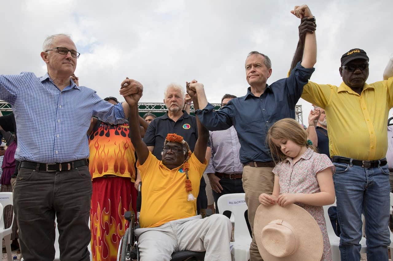PM Malcolm Turnbull, Dr Galarrwuy Yunupingu Opposition Leader Bill Shorten during the Garma Festival in northeast Arnhem Land.