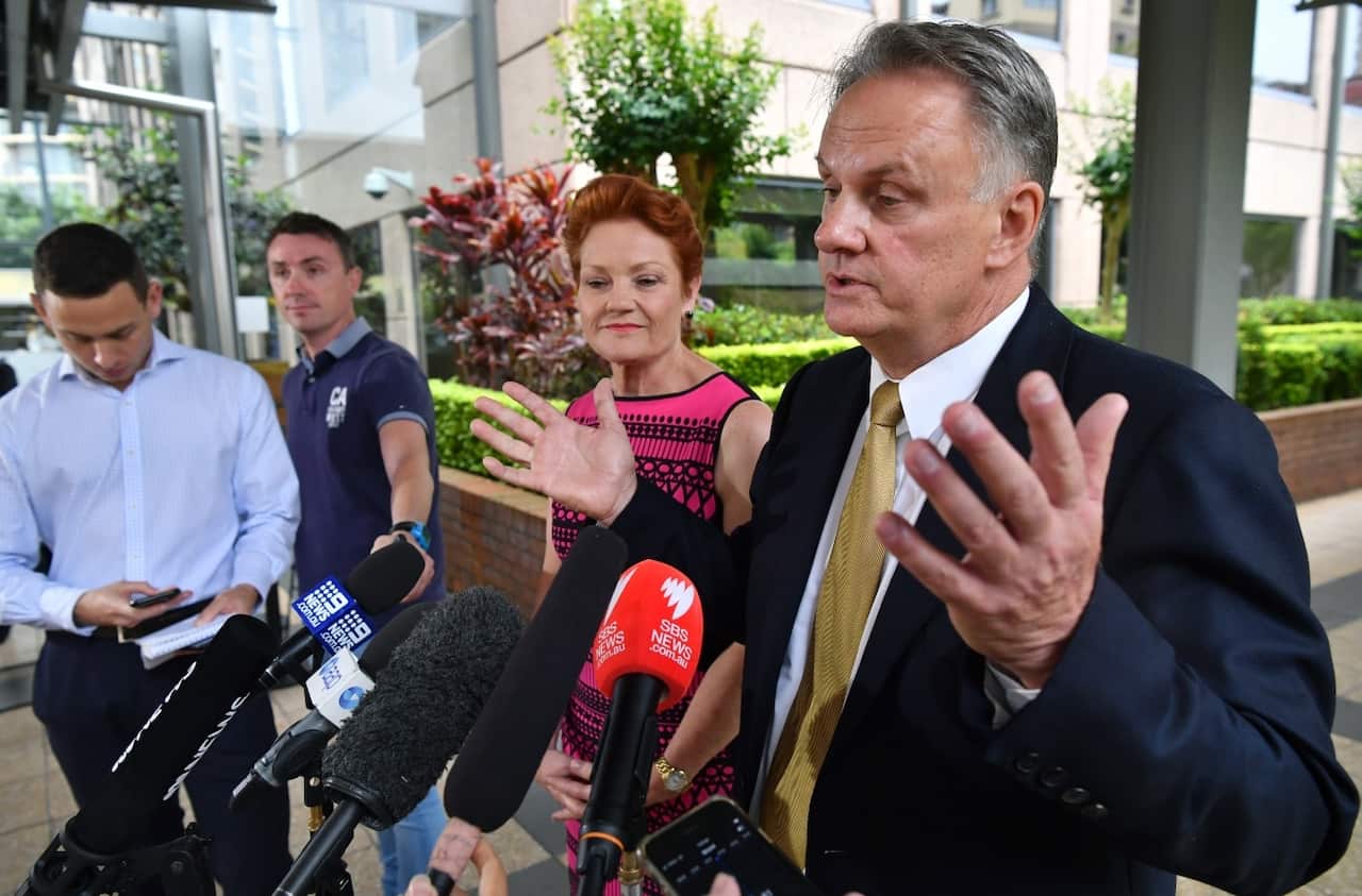 One Nation party leader Pauline Hanson (left) and One Nation candidate and state leader for NSW Mark Latham speak to the media in Sydney. 