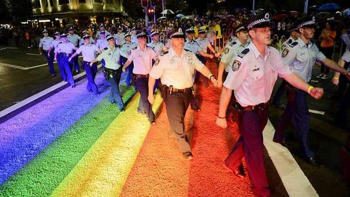 NSW police take part in the Sydney Mardi Gras parade on Oxford Street in Sydney on March 2, 2013. 