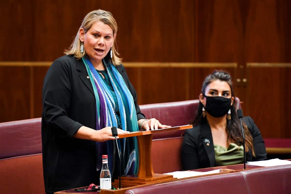Greens Senator Dorinda Cox delivers her maiden speech in the Senate at Parliament House in Canberra.